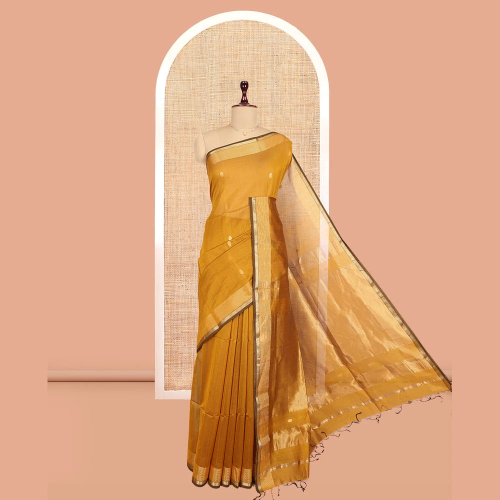 Pothys Mustard Maheshwari Cotton Saree, Adorned with Buttas, a Traditional Zari Border, Gleaming Zari Pallu, and a Matching Blouse